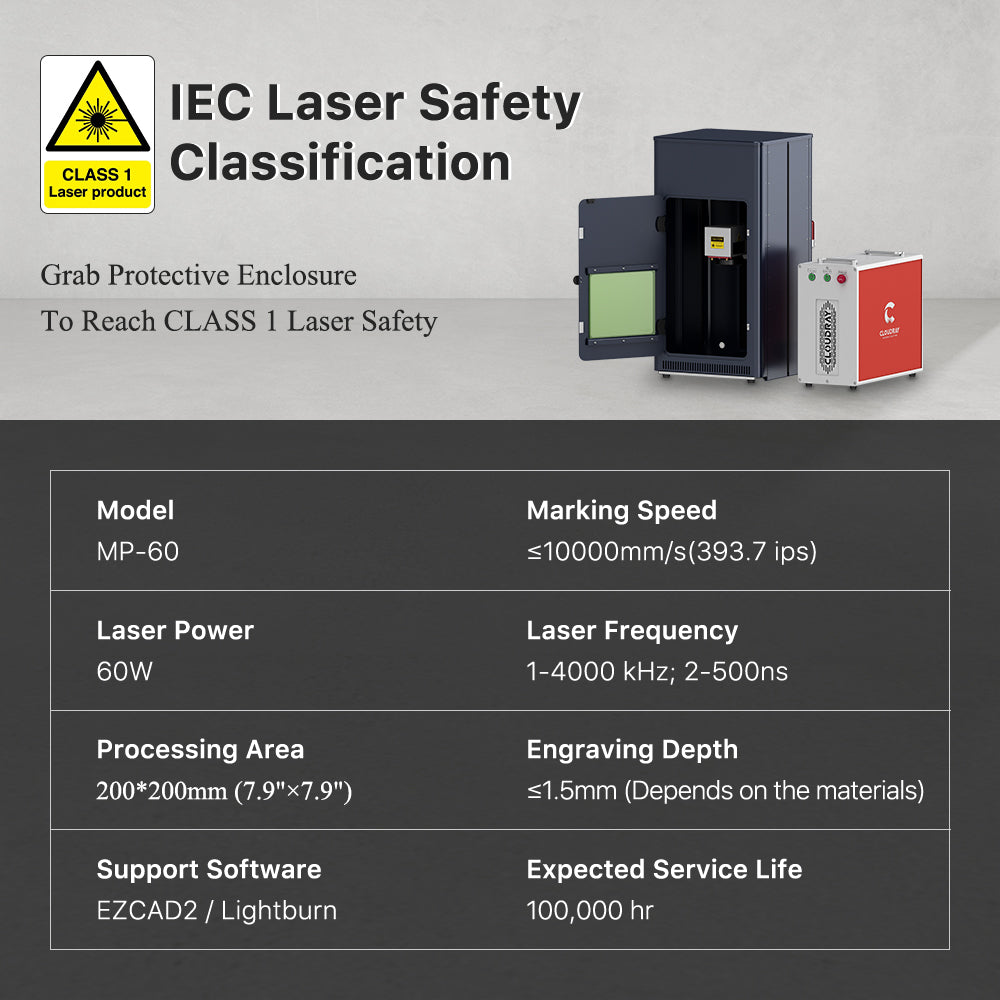 Cloudray MP-60 LiteMarker Pro 60W Fiber Laser Marking Engraver with 7.9” X 7.9” Scan Area & D80 Rotary