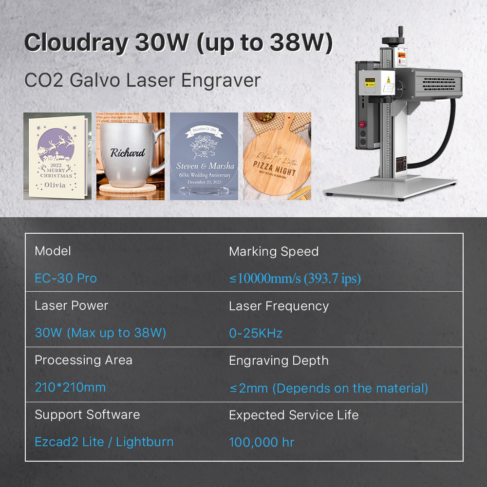 Cloudray EC-30 LiteMarker Pro 30 W CO2-Lasermarkiergravierer mit 8,3 x 8,3 Zoll Scanbereich