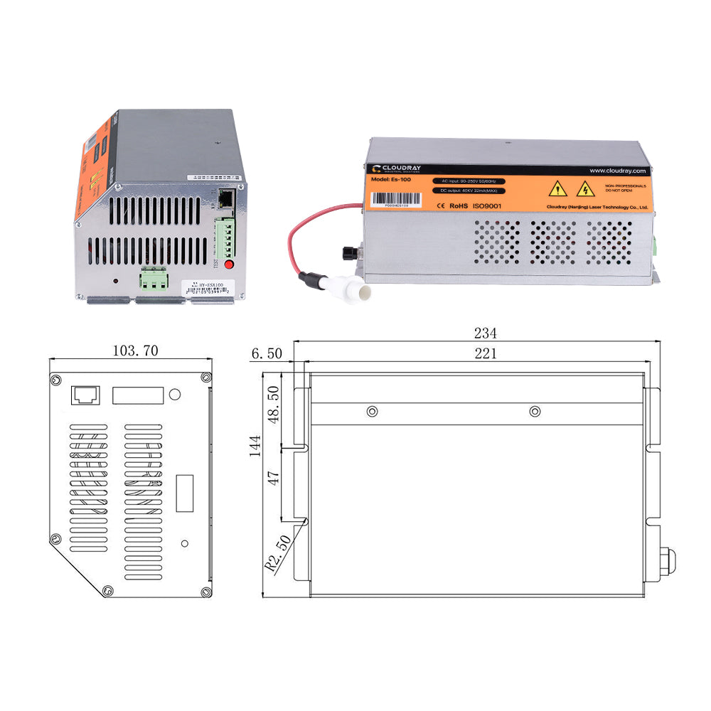 Fuente de alimentación láser de CO2 de la serie HY-Es de 100-120 W de Cloudray