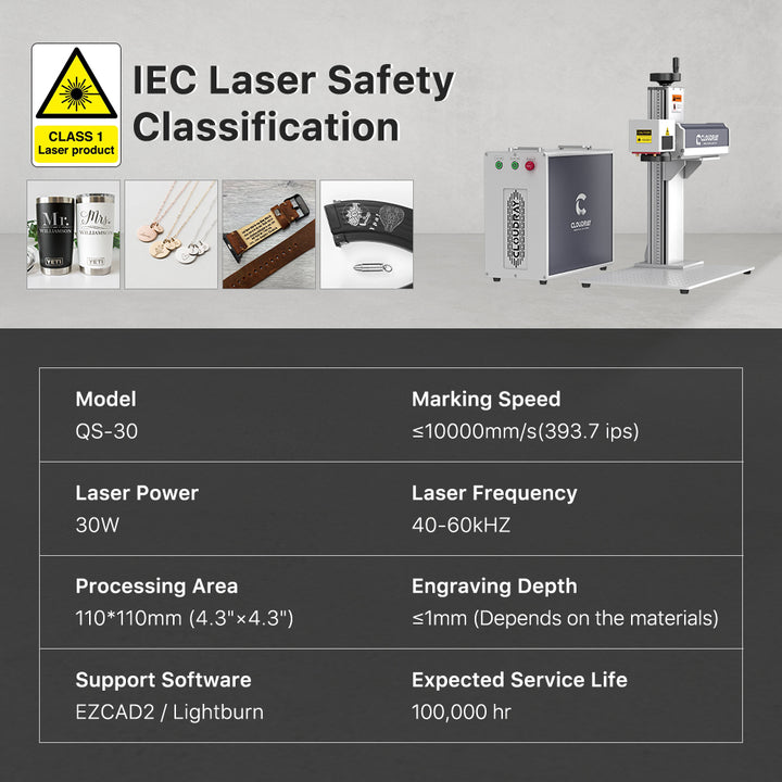 Cloudray QS-30 litemarker pro 30W split láser grabador Fibra máquina de marcado 4,3 "x 4,3" área escaneo con d80 Rotary